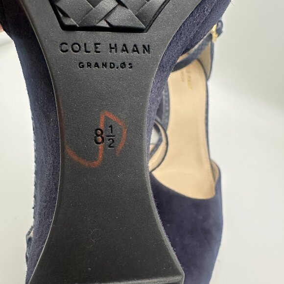 NEW Cole Haan Lara Ankle Strap Pump Womens Size 8.5 Marine Blue Suede Wedge - Picture 5 of 8